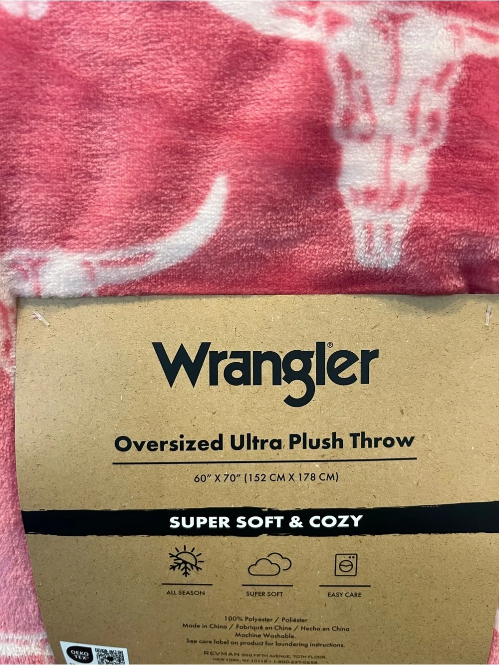 Wrangler Pink White Longhorn Plush Throw Blanket